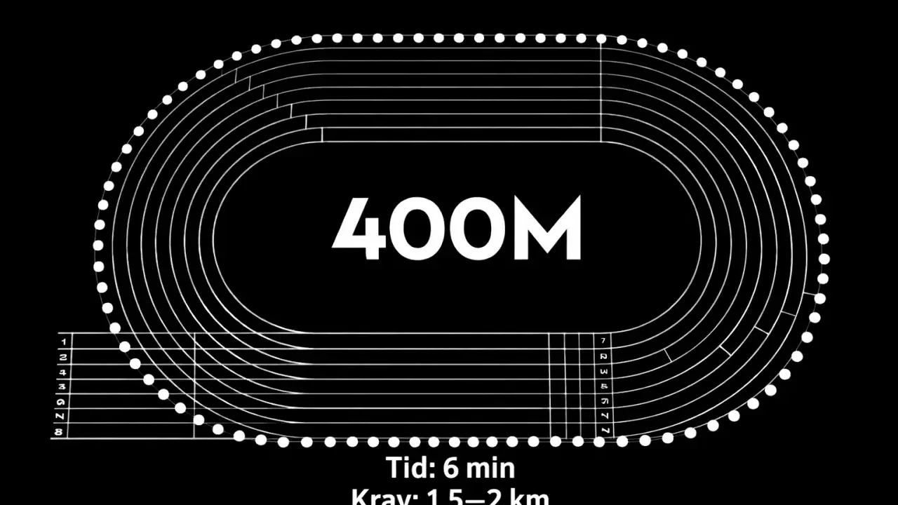 En löparbana med 8 filer, markerad med "400M". Texten "Tid: 6 min, Krav: 1,5-2 km" indikerar en träningsplan för 400m intervaller.
