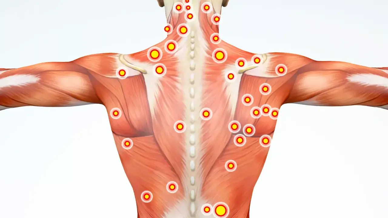 Muskulatur med markerade trapezius triggerpunkter. Röda cirklar med gula prickar visar var smärtan kan sitta.
