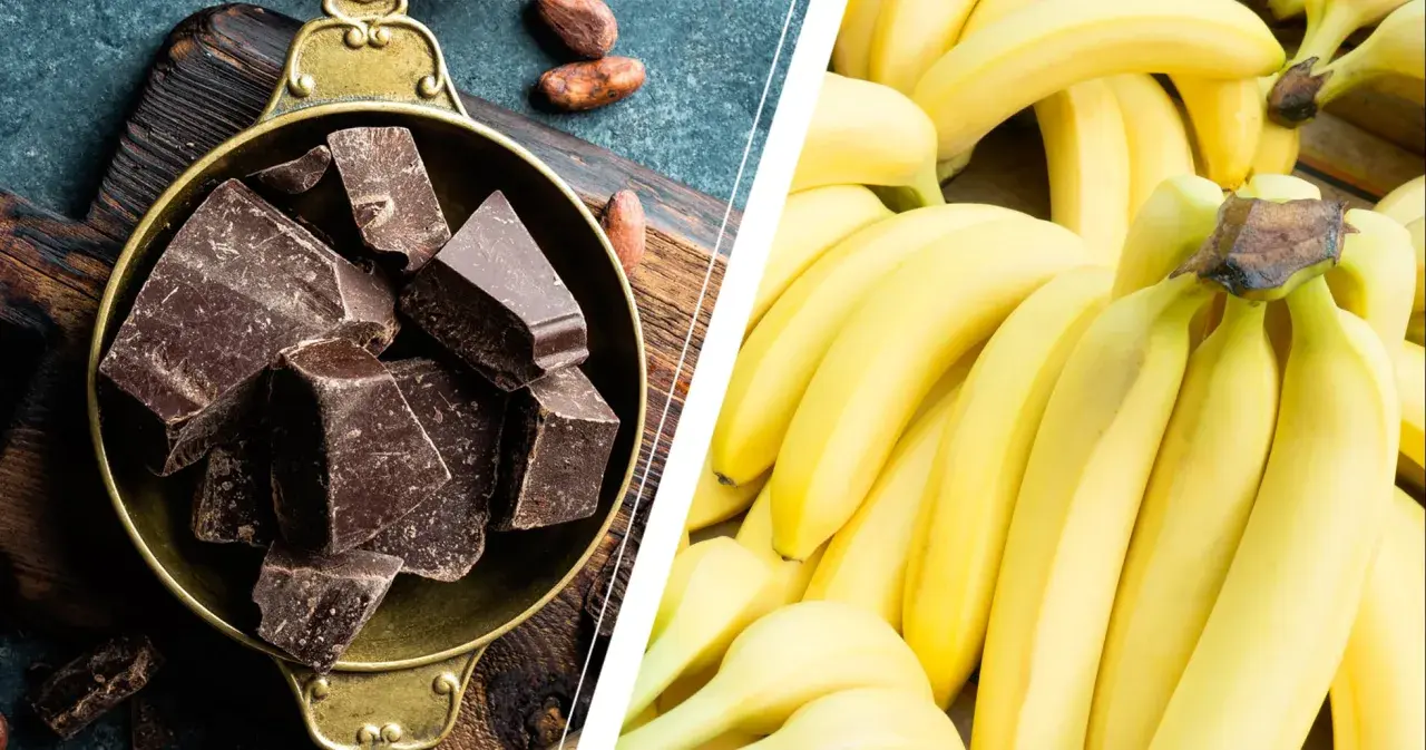 Dark chocolate chunks in a bowl and a pile of ripe bananas.