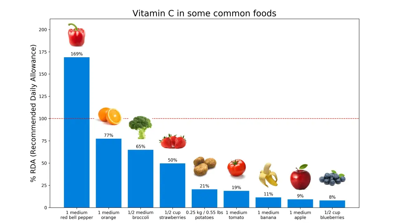 Stapeldiagram visar mängden C-vitamin i olika frukter och grönsaker. Paprika ger mest C-vitamin, följt av apelsiner.