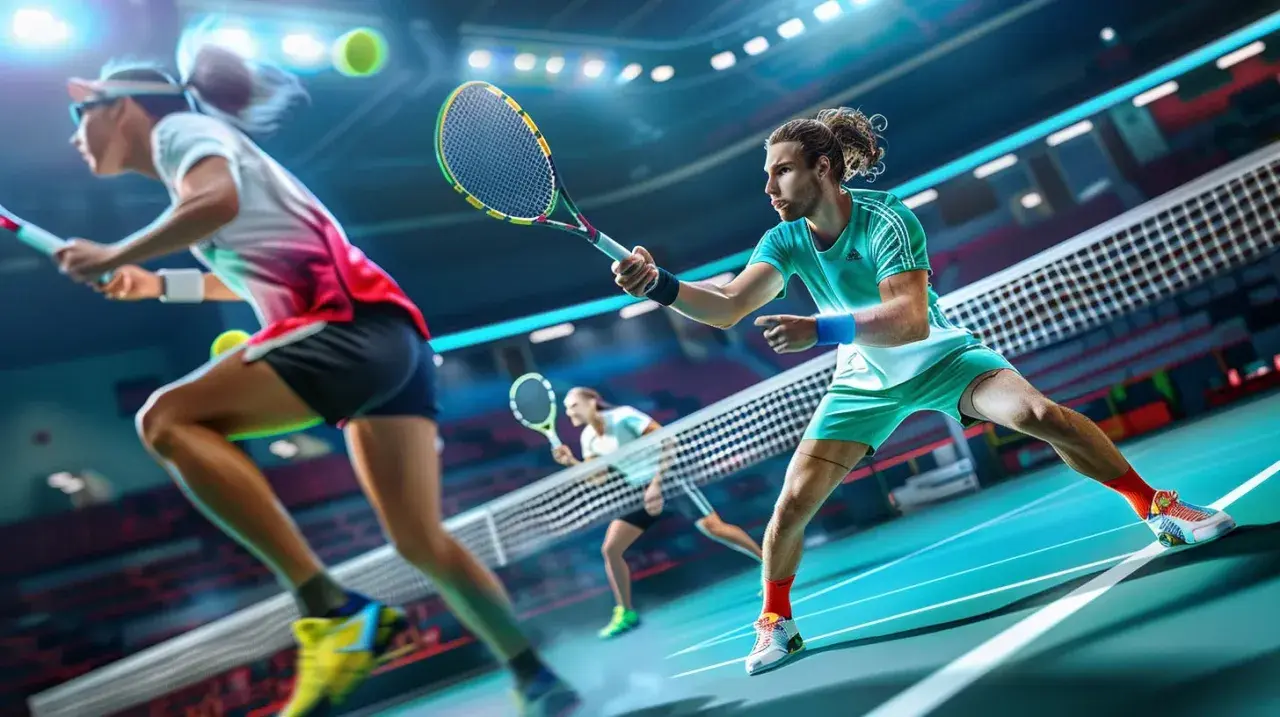 Tennisspelare i aktion på en blå bana. En man i turkos tröja och shorts slår bollen, medan en kvinna i rosa och vit tröja förbereder sig. Kanske undrar du vad betyder ATP? Det är en organisation för professionella manliga tennisspelare.