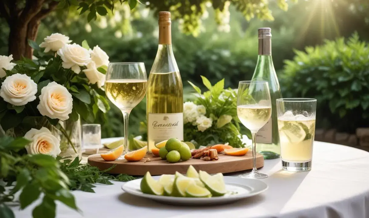 En vacker utomhusdukning med vita rosor, vinflaskor, glas med vitt vin och limeklyftor. En perfekt miljö för att fundera över vilken alkohol som har minst kalorier.