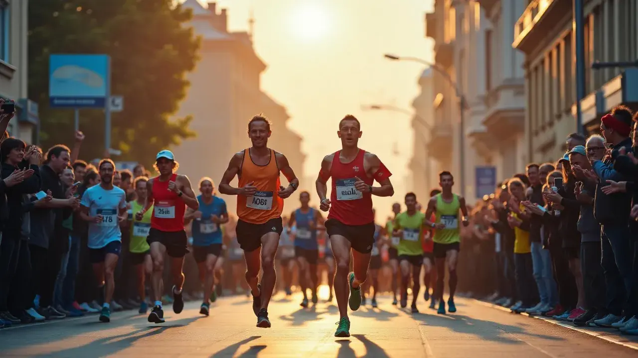 Löpare i Uppsala halvmaraton kämpar sig fram i solnedgången, hejade på av en entusiastisk publik längs gatan.