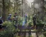 Löpare i skogen under Ultravasan 90. Solen strilar genom träden och lyser upp stigen där deltagarna springer.