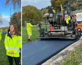 Två personer i varselkläder står framför en asfaltsläggare som lägger nytt asfalt.