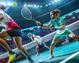 Tennisspelare i aktion på en blå bana. En man i turkos tröja och shorts slår bollen, medan en kvinna i rosa och vit tröja förbereder sig. Kanske undrar du vad betyder ATP? Det är en organisation för professionella manliga tennisspelare.