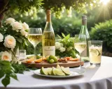 En vacker utomhusdukning med vita rosor, vinflaskor, glas med vitt vin och limeklyftor. En perfekt miljö för att fundera över vilken alkohol som har minst kalorier.