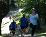En grupp löpare i en park, en kvinna i ljusblå tröja springer framåt. Kanske undrar du vad betyder anaerob träning när du ser dem kämpa uppför backen.