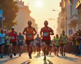 Löpare i Uppsala halvmaraton kämpar sig fram i solnedgången, hejade på av en entusiastisk publik längs gatan.