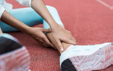 Person på löparbana med händer på underbenet, troligen för rehab benhinneinflammation.