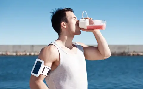Man dricker rosa vätska ur flaska, kanske en proteinvatten bluff? Träningsarmband på armen.