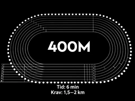 En löparbana med 8 filer, markerad med "400M". Texten "Tid: 6 min, Krav: 1,5-2 km" indikerar en träningsplan för 400m intervaller.