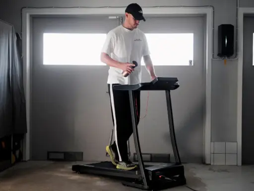 Man med keps tränar på löpband, siktar på att springa 5 km på 30 min.