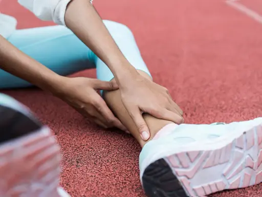 Person på löparbana med händer på underbenet, troligen för rehab benhinneinflammation.