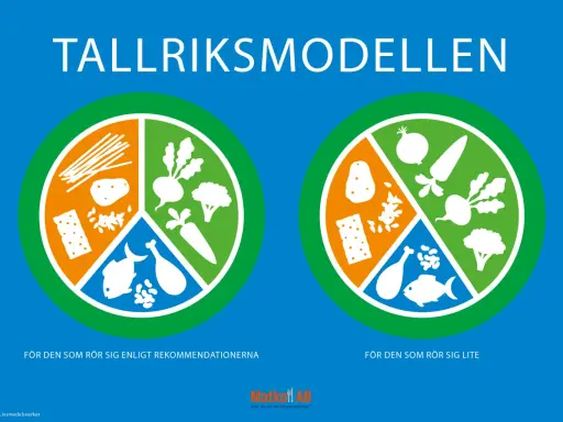 Visar hur tallriksmodellen fungerar för olika aktivitetsnivåer. En tallrik visar hur mycket kolhydrater, grönsaker och protein man bör äta.
