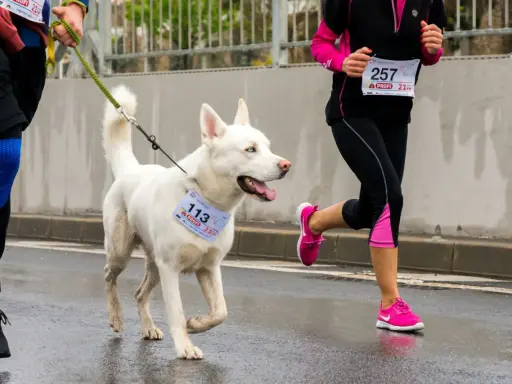 En vit hund med blå ögon, en riktig spring hund, deltar i ett lopp med sin förare.