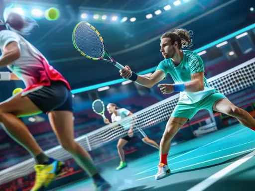 Tennisspelare i aktion på en blå bana. En man i turkos tröja och shorts slår bollen, medan en kvinna i rosa och vit tröja förbereder sig. Kanske undrar du vad betyder ATP? Det är en organisation för professionella manliga tennisspelare.