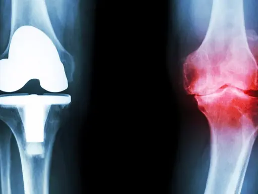 Röntgenbilder av knän: ett med protes, ett med inflammation. Ger rekommendationer efter kortisoninjektion.
