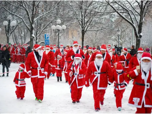 En stor grupp tomtar, både vuxna och barn, deltar i en snöig santa run.
