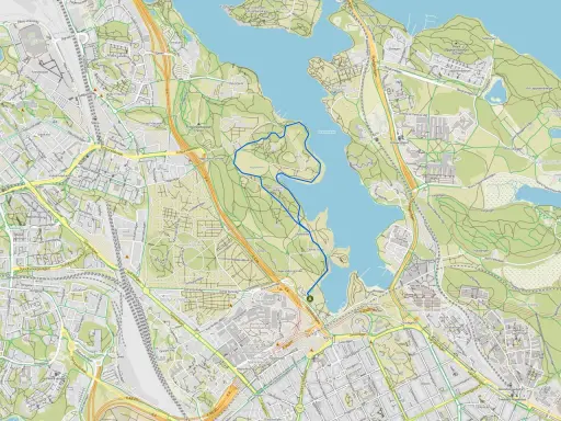 En blå linje markerar en promenad runt Brunnsviken, med Hagaparken och Universitetet synliga.