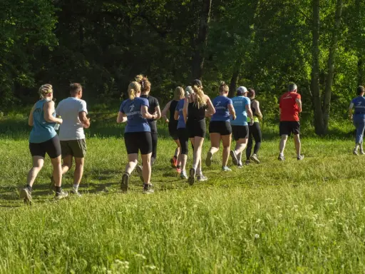En grupp löpare njuter av roliga intervaller i en grönskande park.