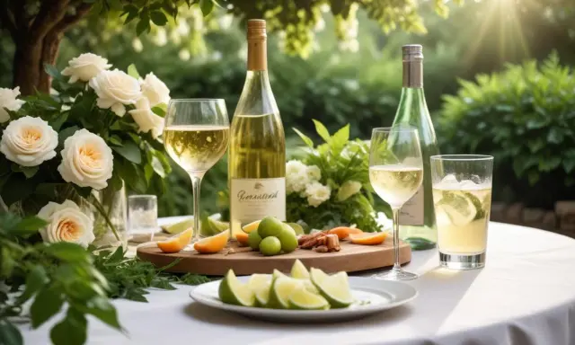 En vacker utomhusdukning med vita rosor, vinflaskor, glas med vitt vin och limeklyftor. En perfekt miljö för att fundera över vilken alkohol som har minst kalorier.