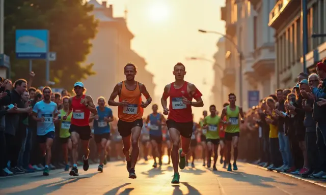 Löpare i Uppsala halvmaraton kämpar sig fram i solnedgången, hejade på av en entusiastisk publik längs gatan.