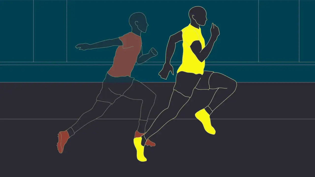 Tv&aring; l&ouml;pare i silhuett, en i gult och en i r&ouml;tt, t&auml;vlar p&aring; en bana. Kanske &auml;r det ett 10 km lopp.