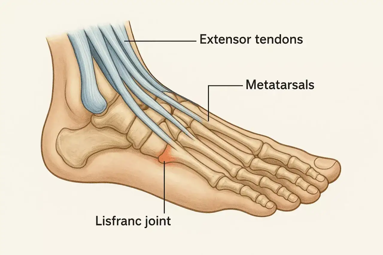 Illustration av fotens anatomi med senor, metatarsaler och Lisfranc-leden. Kan visa en kramp i stort&aring;n.