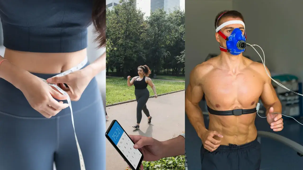 Mätning av midjemått, löpning i parken och en man med mask för att mäta vilopuls.