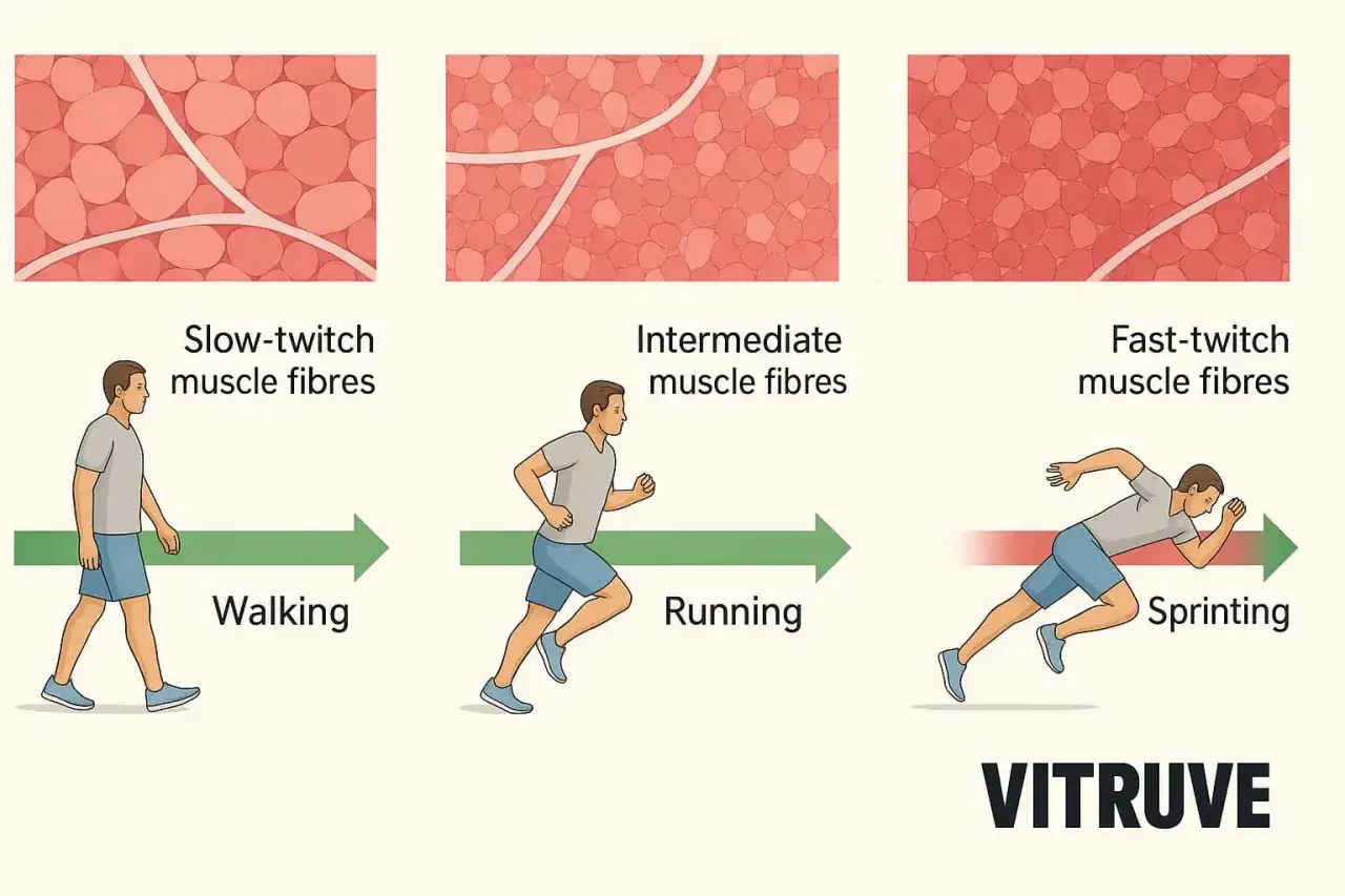 Illustration visar hur olika typer av muskelfibrer, som typ 1 muskelfibrer, används vid gång, löpning och sprint.