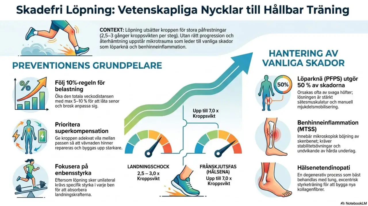 Från soffpotatis till 5 km: Infografik om skadefri löpning, prevention och hantering av vanliga skador. Visar 10%-regeln, superkompensation och enbensstyrka.