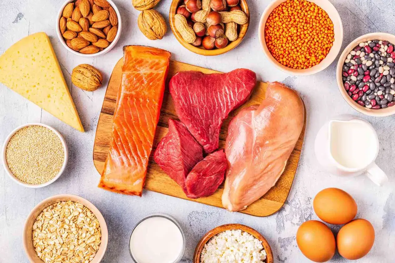 En bild som visar olika proteinkällor som lax, nötkött, kyckling, ägg, ost, nötter, bönor, linser, havregryn och kvinoa. Bra för att planera hur mycket protein per dag.