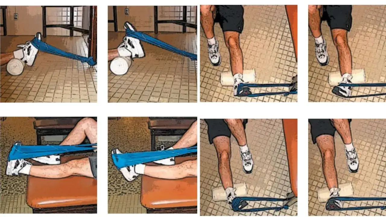 Rehabilitering av fotled efter stukning. &Ouml;vningar med gummiband f&ouml;r att st&auml;rka foten och f&ouml;rhindra att man snubblar n&auml;r man vill springa igen.