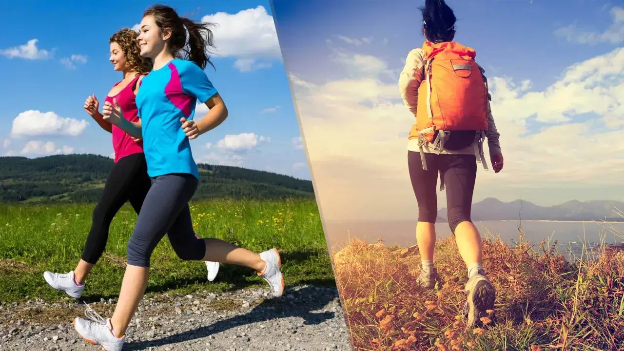 Tv&aring; kvinnor joggar i ett gr&ouml;nskande landskap, en annan vandrar med ryggs&auml;ck l&auml;ngs en kuststig. V&auml;lj att jogga l&aring;ngsamt eller g&aring; snabbt, njut av naturen!