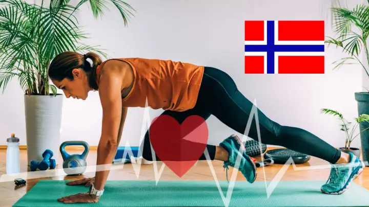 Kvinna utför norska intervaller hemma, med en hjärtgrafik och norsk flagga.