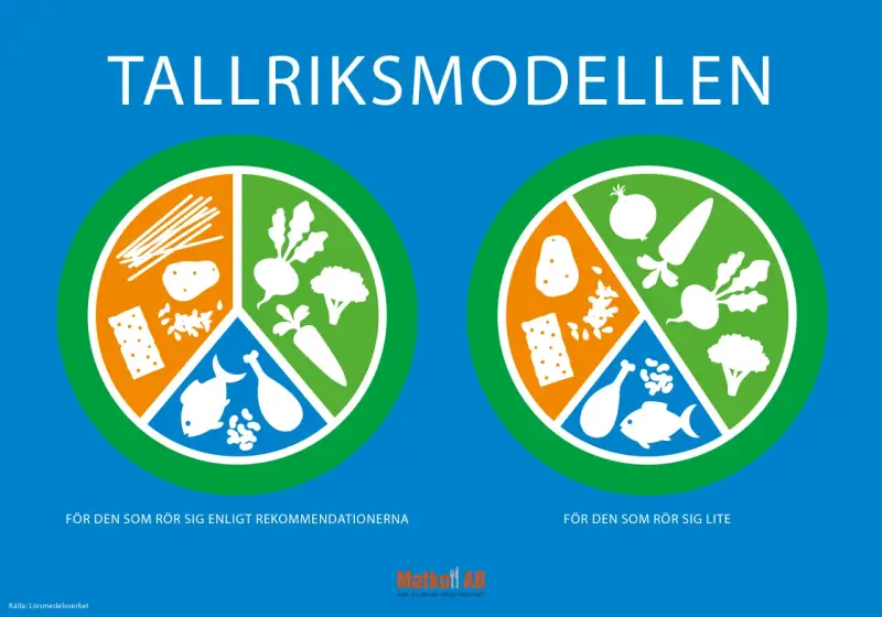 Visar hur tallriksmodellen fungerar för olika aktivitetsnivåer. En tallrik visar hur mycket kolhydrater, grönsaker och protein man bör äta.